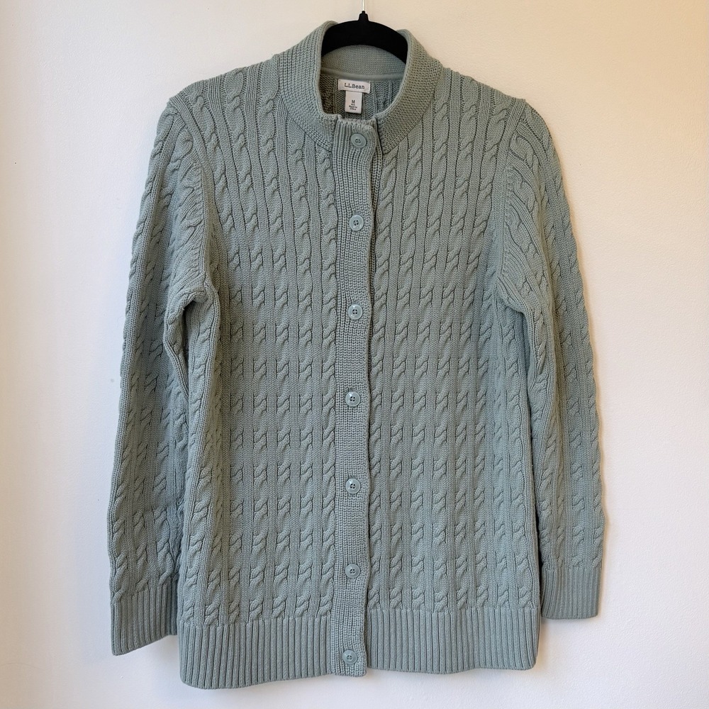 Vtg LL Bean Double L Cable Knit Sweater Medium Green Button Up Classic Fisherman